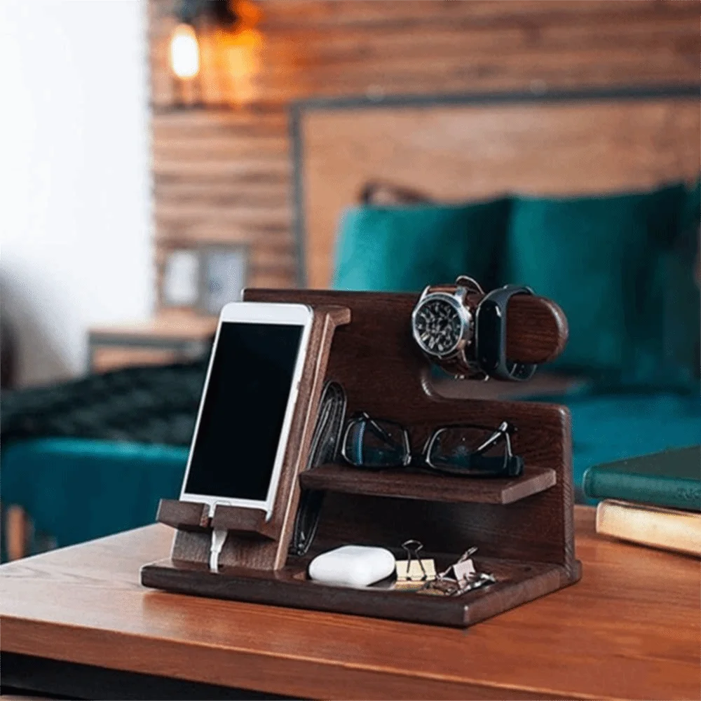 

Solid Wood Charging Phone Holder Stable Groove Design Detachable Phone Docking Station Space Saving Watch Organizer
