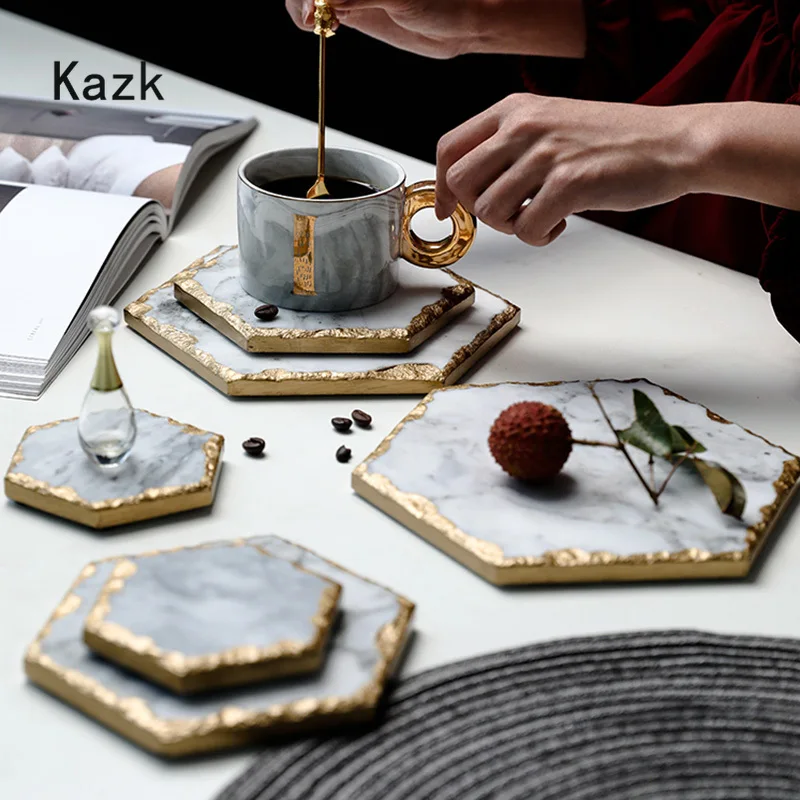 Nordic Natural Marble Tray Light Luxury Golden Stroke Storage Trays Dessert Cake Stand Tea Cup Coasters Wedding Table Decoration