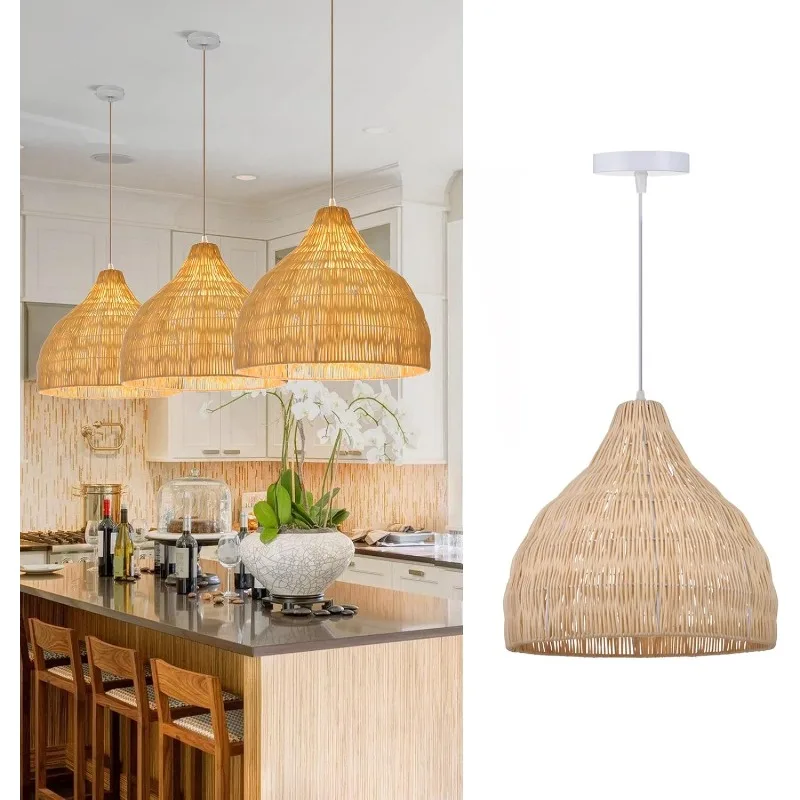 Rattan Pendant Light Fixtures, Basket Woven Dome Rattan Chandelier Lampshade, Large Wicker Hanging Lamp for Kitchen Island