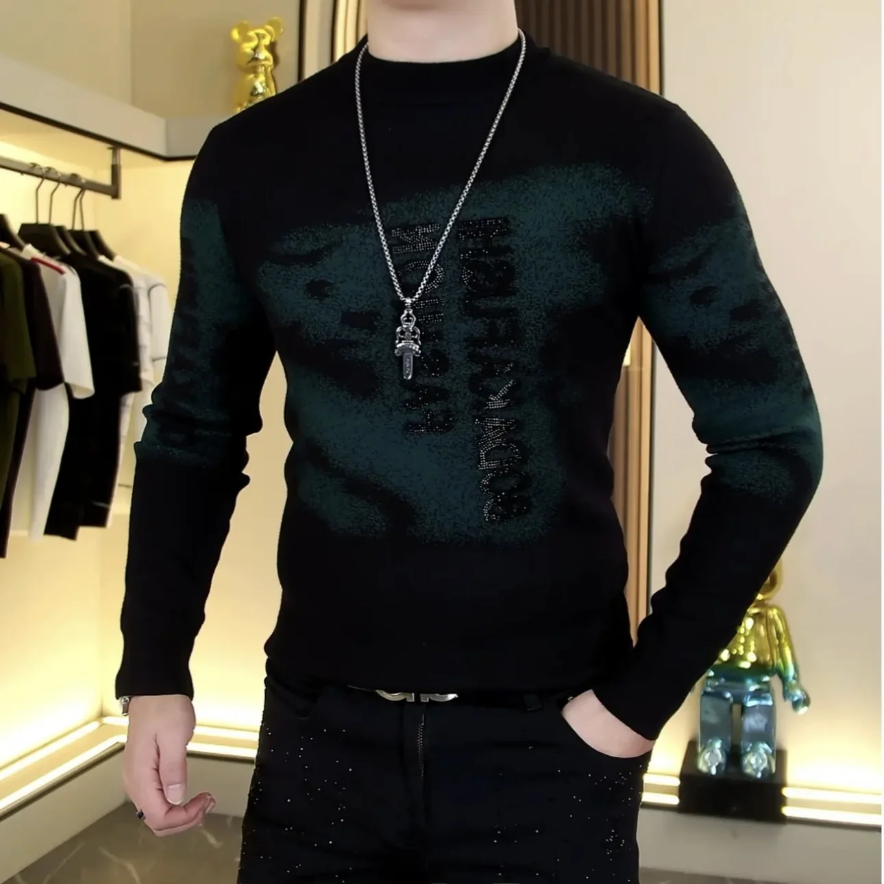 

Модный бархатный вязаный свитер, круглый, мужской, осенне-зимний, новый, эластичный, облегающий, с бриллиантами, теплопередача, молодежный