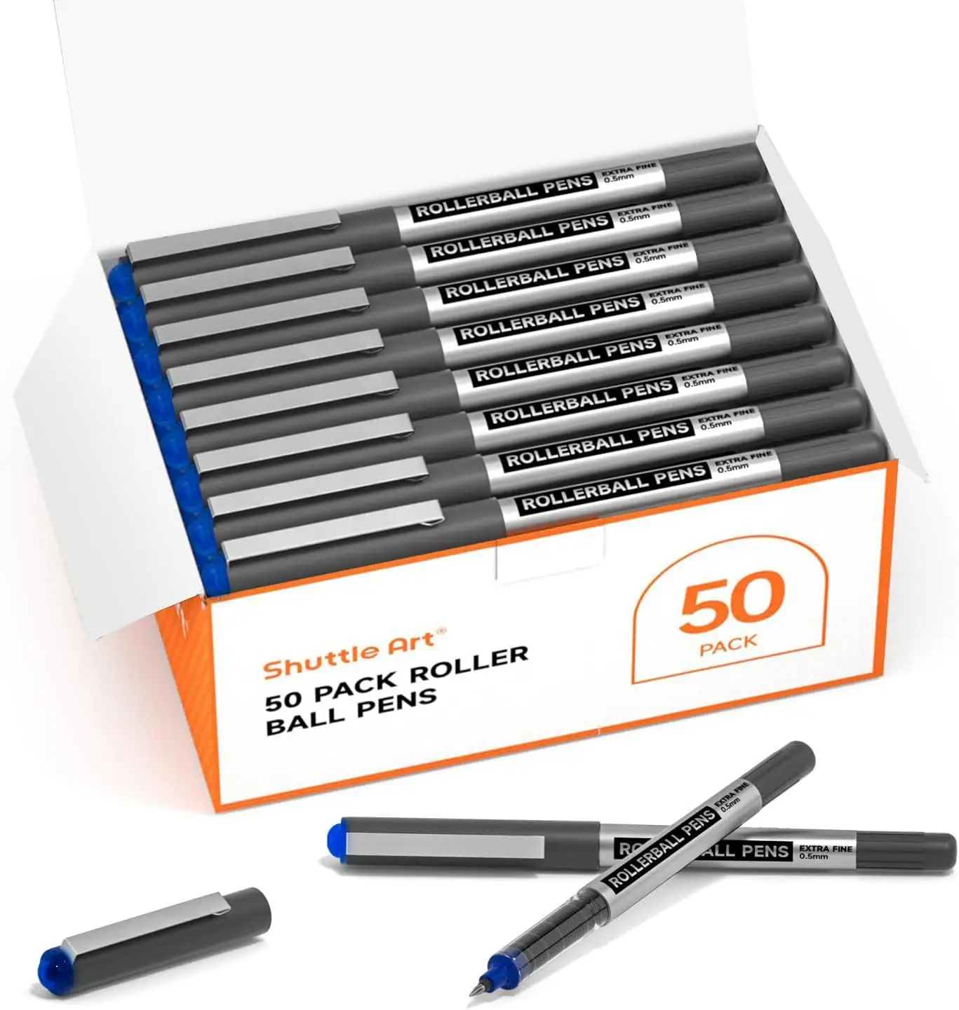

Roller Ball Pens, 50 Pack Blue Fine Point 0.5mm Liquid Ink Pens for Writing Journaling Taking Notes School Office