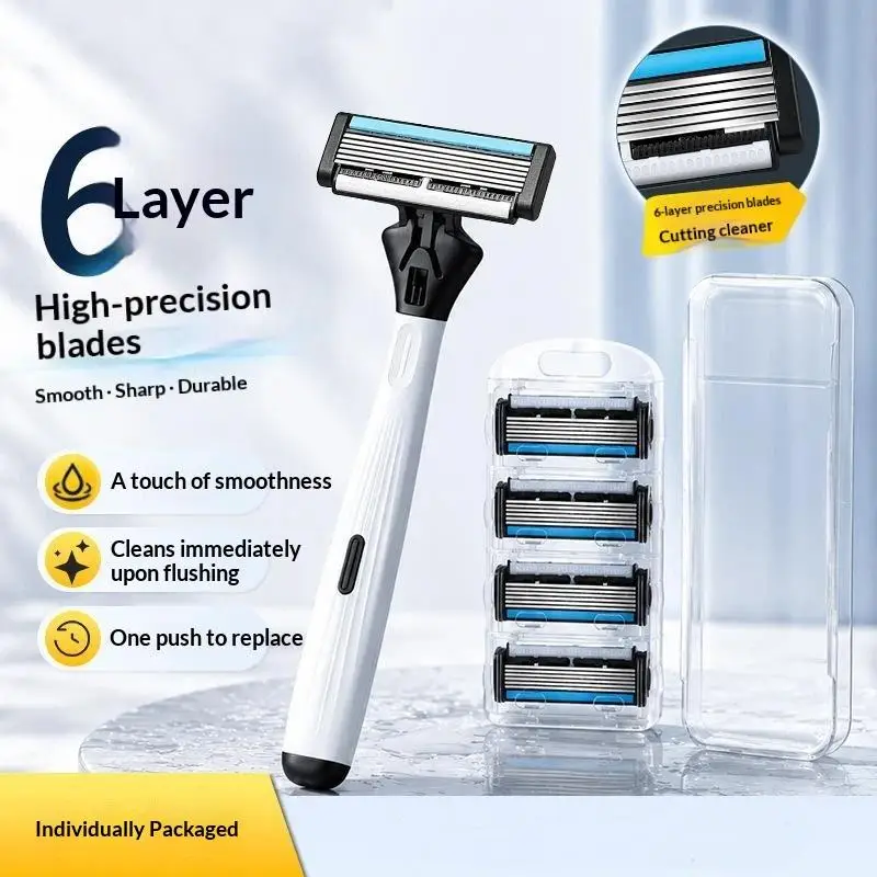 Men's Manual Shaving Razor With 6 Precision Blade Non Slip Handle 4 Refill Storage Case For Daily Grooming Travel Home Use