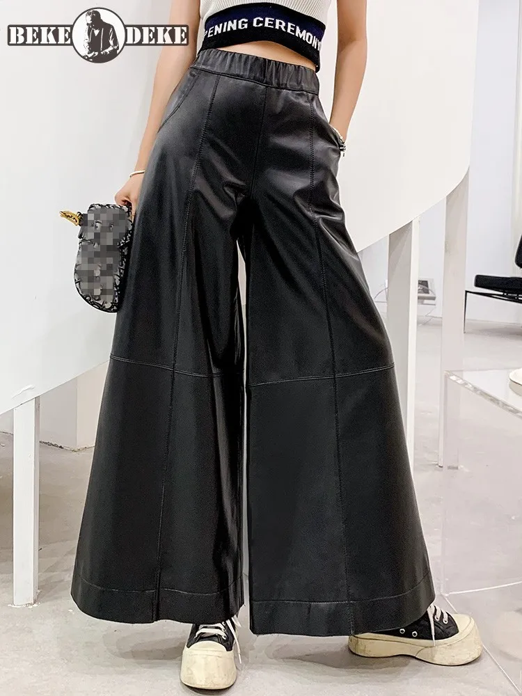 Women Baggy Loose Fit Wide Leg Pants Casual Vintage Long Trousers Spring Autumn Zip High Waist Sheepskin Genuine Leather Pants