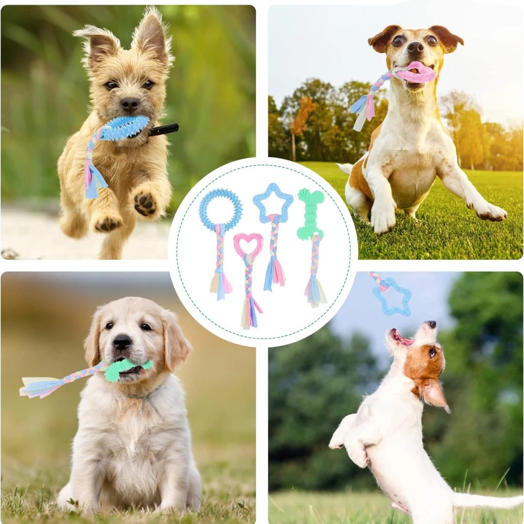 4-piece set of puppy teeth grinding toys, rubber puppy teeth chewing toys and interactive cotton rope dog chewing toys, cute pin