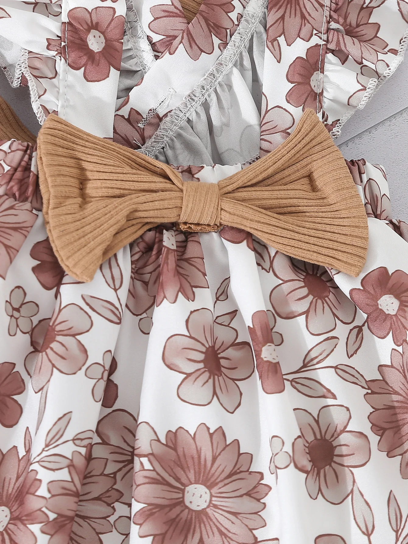 Baby Girls Autumn Brown Pit Strip Small Flying Sleeve Romper Triangle Romper with Flowers ruffles Strap Skirt and Headscarf Casual 3-piece Set