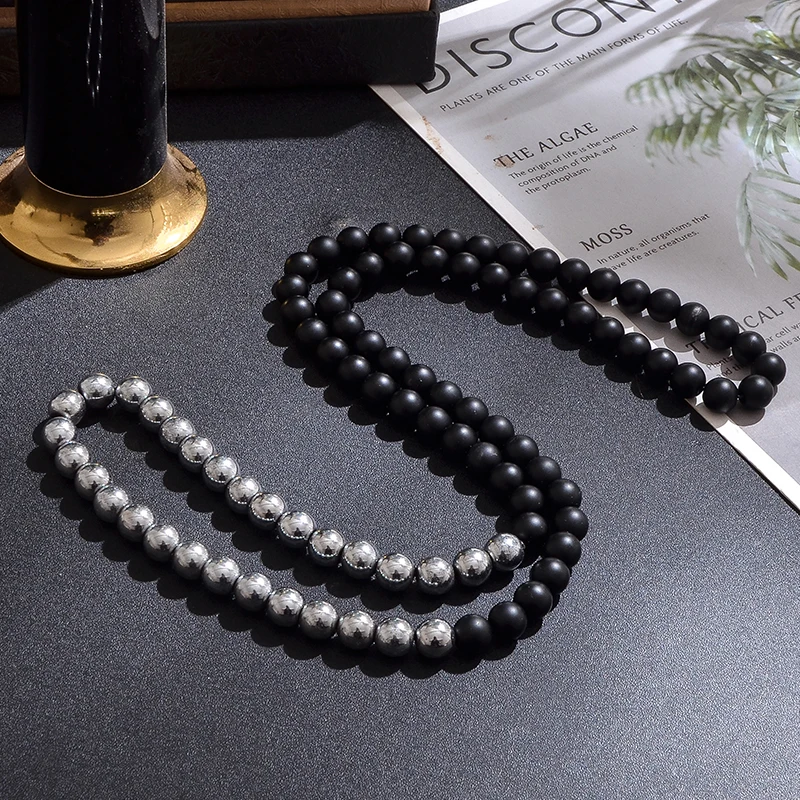 8mm Mattle Black Onyx with Hematite Beaded Long Necklace Jewelry for Men and Women