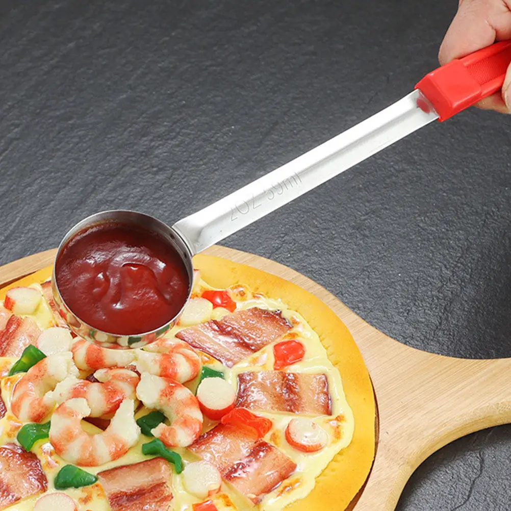 

2Pcs Stainless Steel Pizza Sauce Ladle Flat Bottom Long Handle Kitchen Sauce Serving Spoon for Pizza Dessert Salad Chocolate