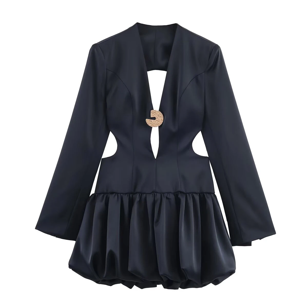 Europäischer und amerikanischer Stil 2025, Winter, neues Produkt, vielseitiges Ballon-Minikleid mit tiefem V-Ausschnitt für Damen