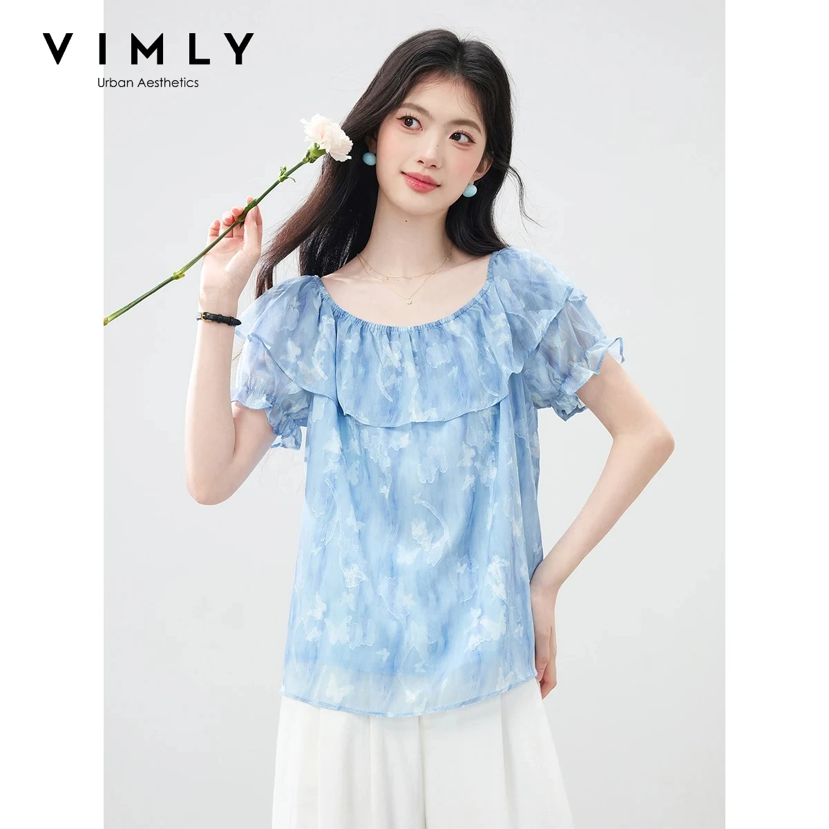 

VIMLY Women's French Chiffon Shirt 2026 Summer New Ruffle Edge Off Shoulder Blouse Gradual Change Printing Design Blue Top 31112