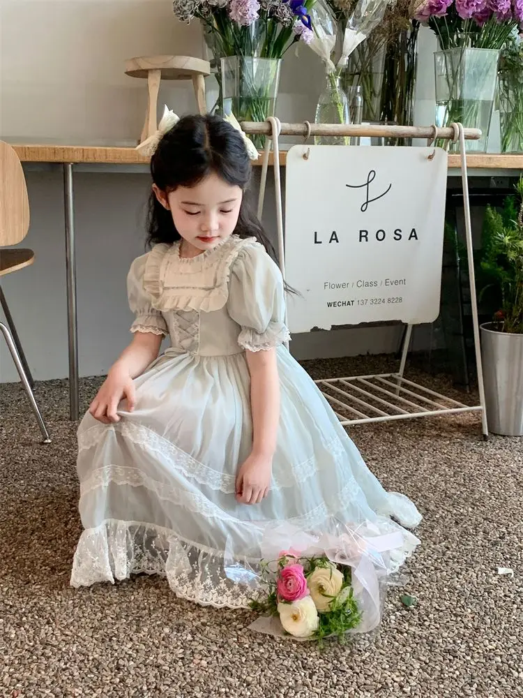 Baby Girl Summer Light Green Turkish Vintage Lolita Lace Princess Ball Gown Dress for Birthday Holiday Party Eid Child Clothing