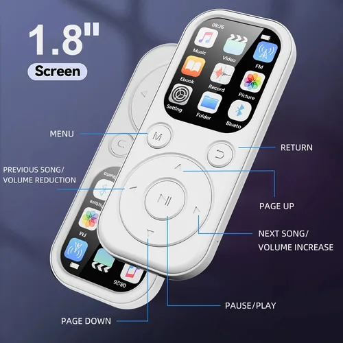 Imagen 2 del producto Reproductor de MP3 portátil de 1,8 pulgadas, teclas táctiles compatibles con Bluetooth 5,4, música estéreo con altavoz HiFi, grabación de Radio FM, libro electrónico