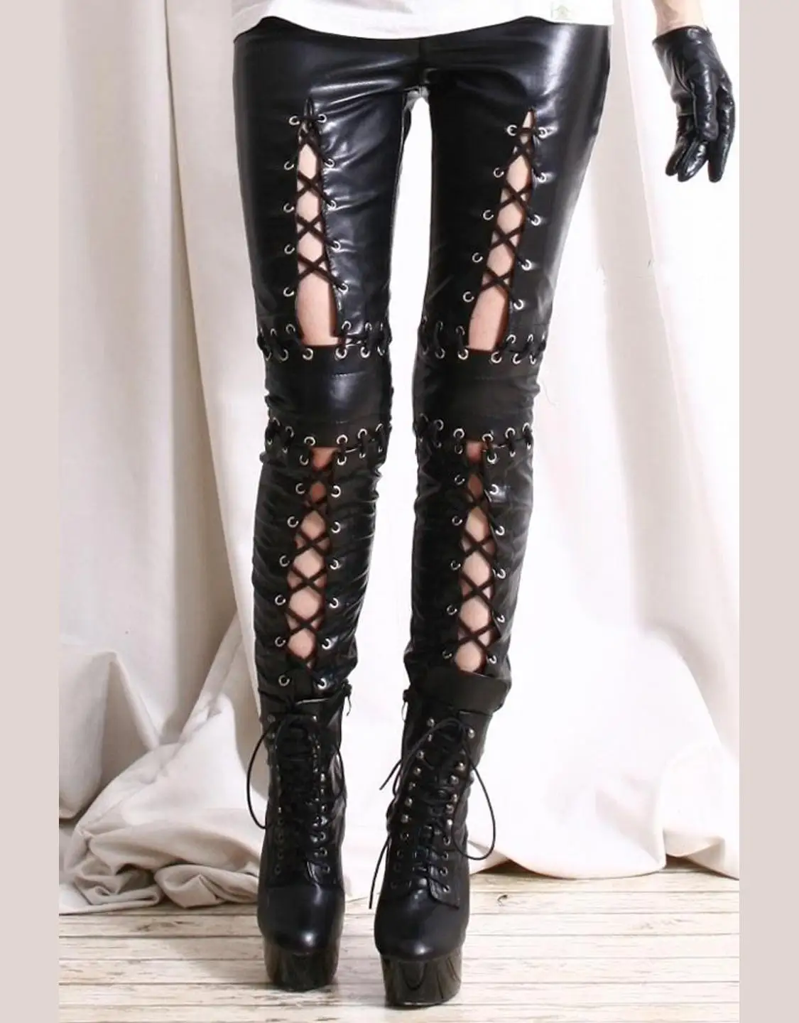 Black Imitation Leather Skinny Pants Women's Hollow Out Strap Leggings Female Trousers Ankle-Length Pants Punk Style Rock Light