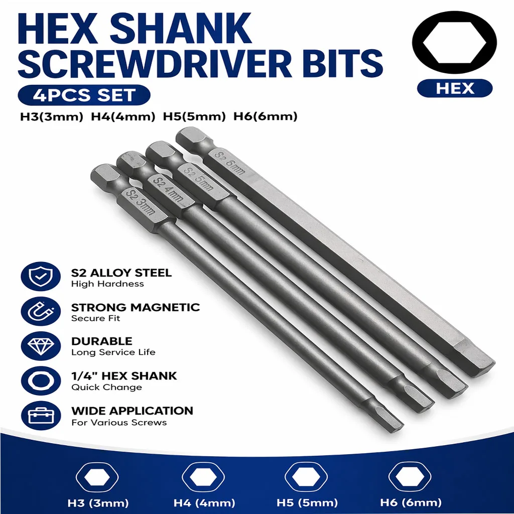 4pcs Magnetic Screwdriver Bits 100mm Alloy Steel 1/4 Hex Shank Long Screwdriver Bits For Torx Cross Slotted Hex Head Slotted Tip image 2