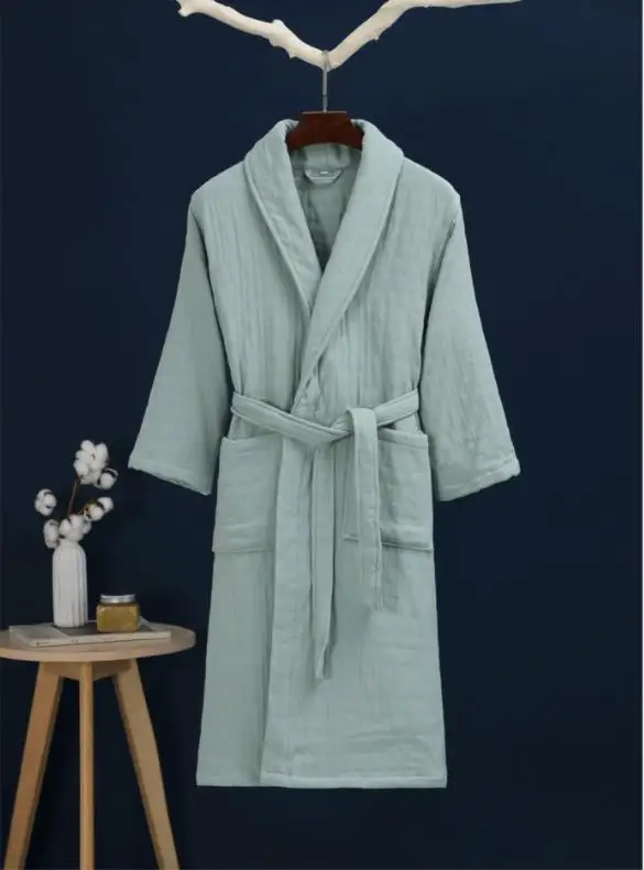 100% Cotton Kimono Robe 6 Layers Gauze Women's Bathrobe Sexy Nightie Men's Dress Basic Hotel Robes Home Clothes Lingerie