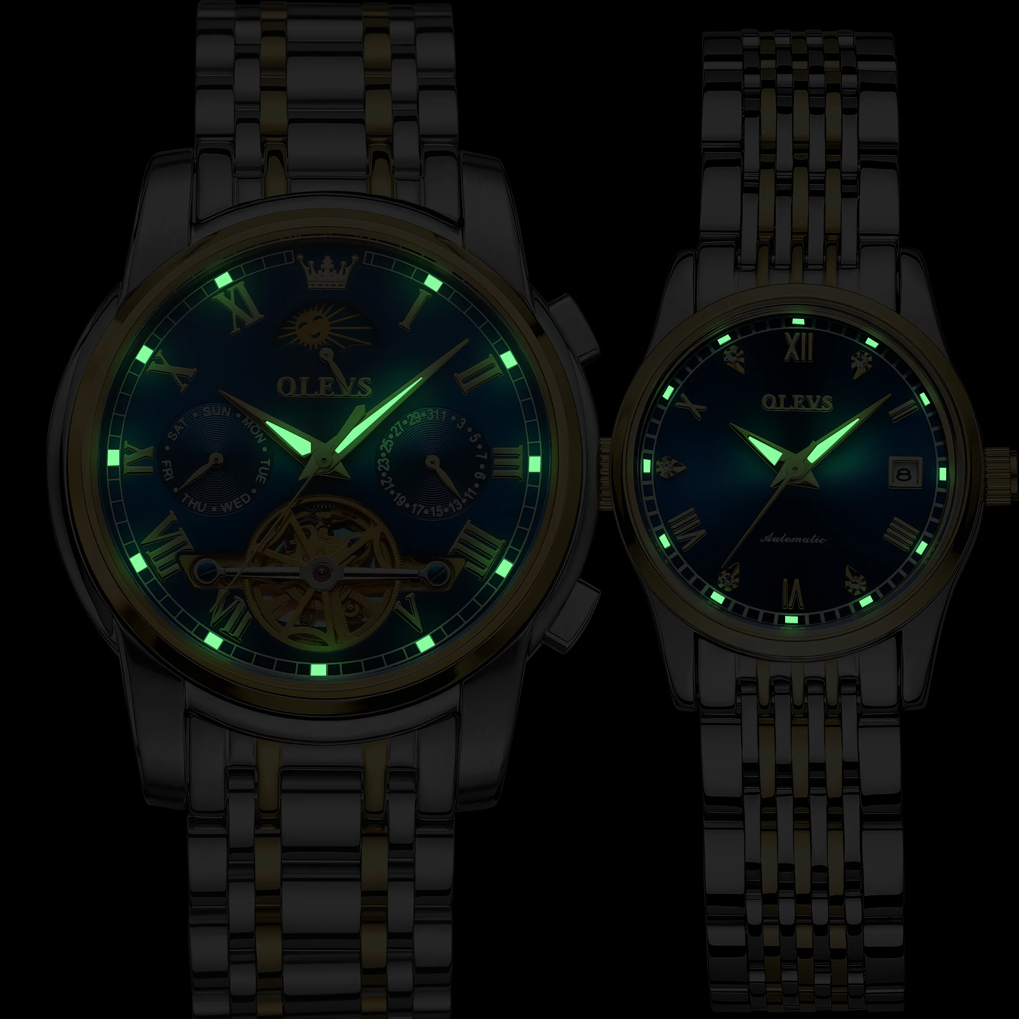OLEVS Couple Watches Stainless Steel Waterproof Lover's Wristwatches Gift For Men Women Luxury Automatic Mechanical Wristwatches