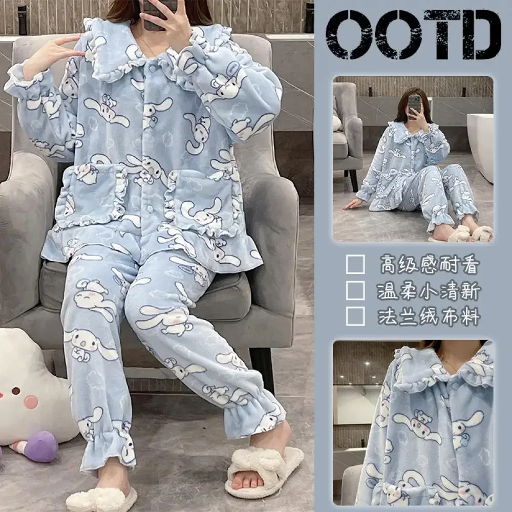 Kawaii Sanrioed 2 шт. Cinnamoroll пижамный костюм домашняя одежда коралловый флис мягкий мелодий кардиган топы и брюки комплект женская плюшевая одежда для сна