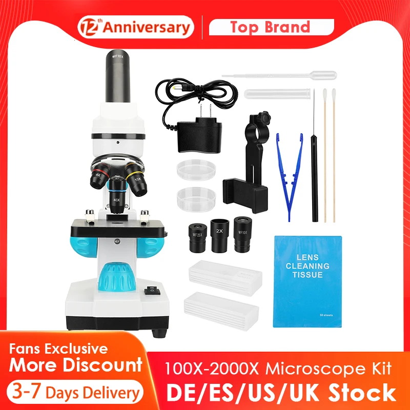 40x-2000x Microscope Professional Biological Laboratory Microscopes Kit for Children Student with WF25X/WF10X/2X Eyepiece