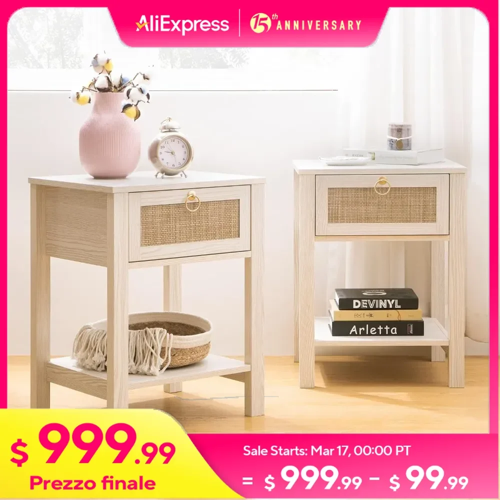 

White Nightstand Set of 2, with Brass Knobs Night Stand Wood Bedside Table End Tables Side Tables with Storage Shelf