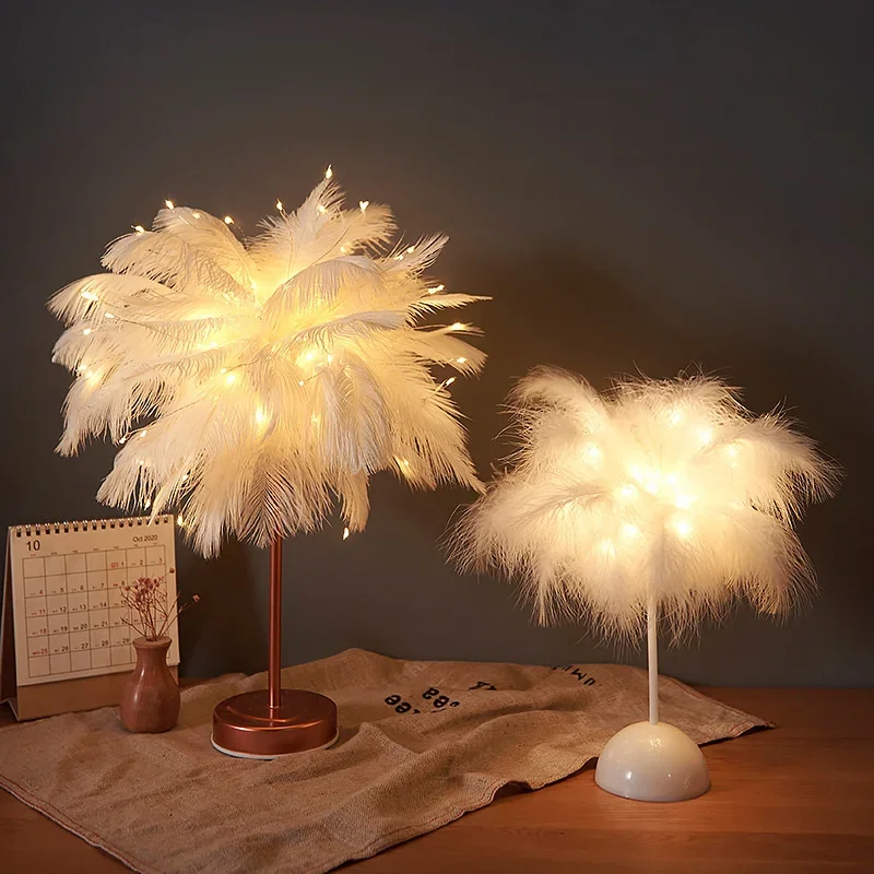 Creative Feather Table Lamp with Remote Control USB/AA Battery Power Desk Lamp Tree Feather Lampshade Night Light for Birthday