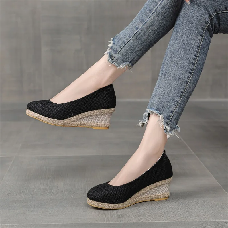 Veowalk Patchwork Women Linen 6cm High Heel Wedge Espadrilles Sandals Summer Comfortable Slip On Closed Toe Platform Shoes