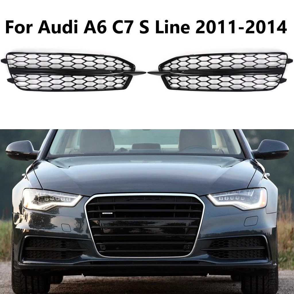 

2PCS Car Front Bumper Fog Light Grille Gloss Black Fit For Audi A6 C7 S Line S6 2011-2014 Replacement Honeycomb Hex Grill Cover