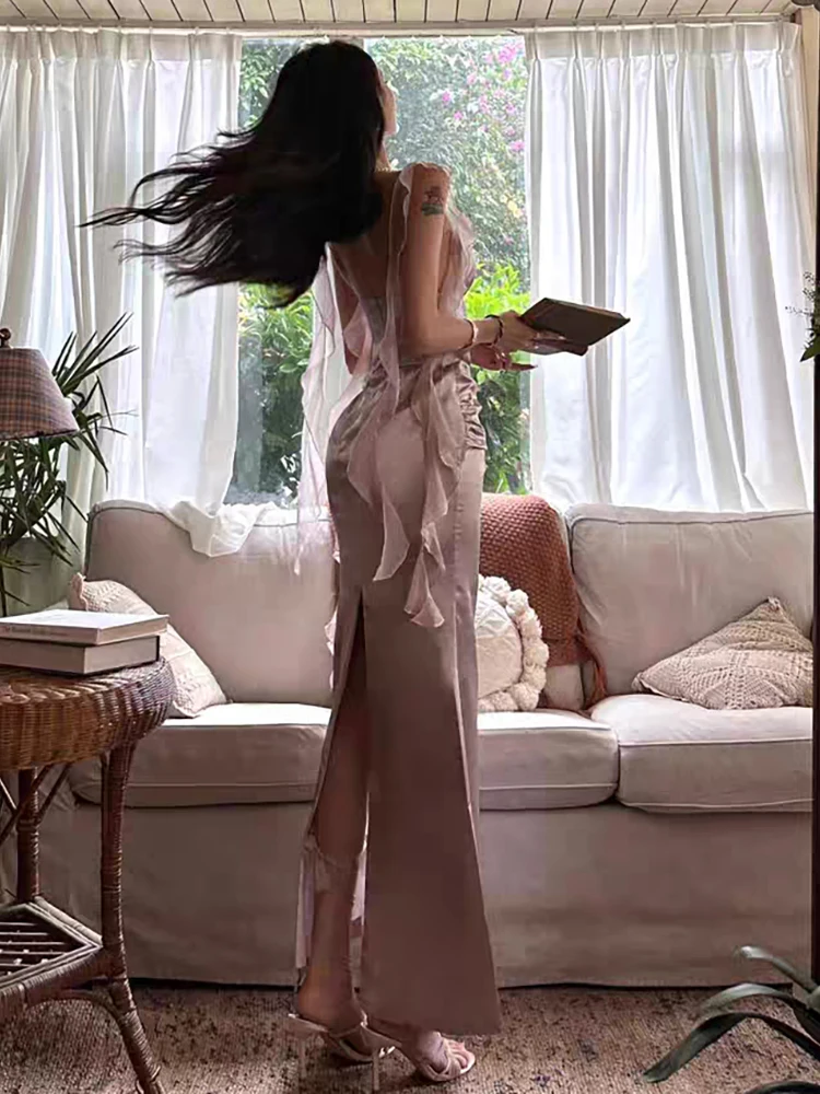 RORORIRI fluide à volants point Satin robe Camisole femmes désir diamant col en v plissé fendu moulante longue robe Sexy robe de soirée