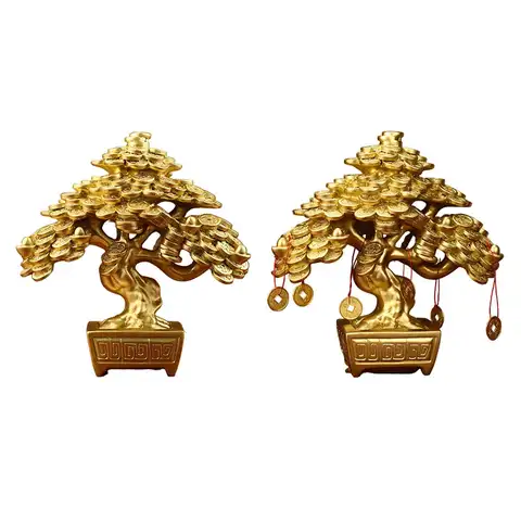 Chinese Money Tree Tabletop Decoration Golden Color Feng Shui Decoration Resin Figurine 17.5x9x19.5cm for Bedroom Lightweight