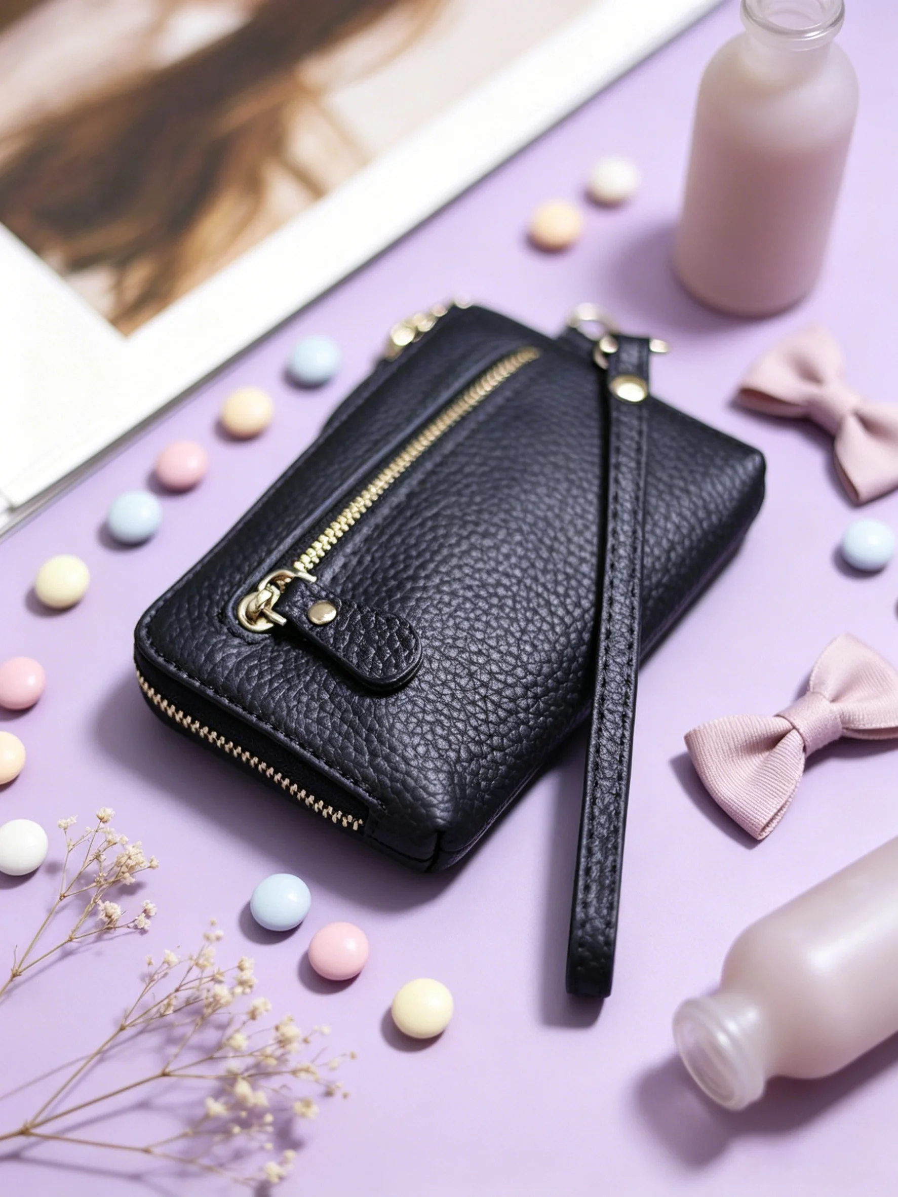 WERLLANDS Lychee Textured PU Double Zipper Wristlet Wallet, Multi-color Simple Long Portable Card & Coin Hand Pouch
