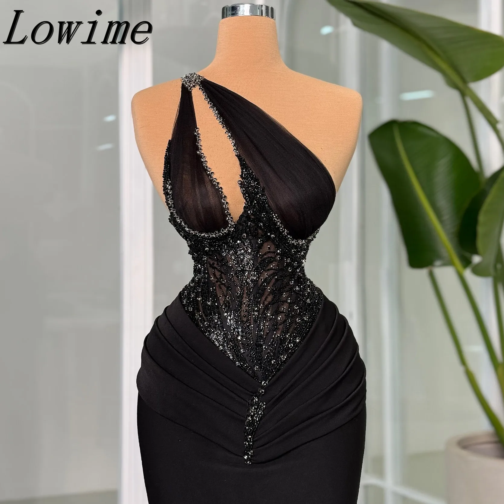 

Simple Black Mermaid Evening Dress Sleeveless Beads Floor Length One Shoulder Prom Dress Arabic Formal Robe De Soire