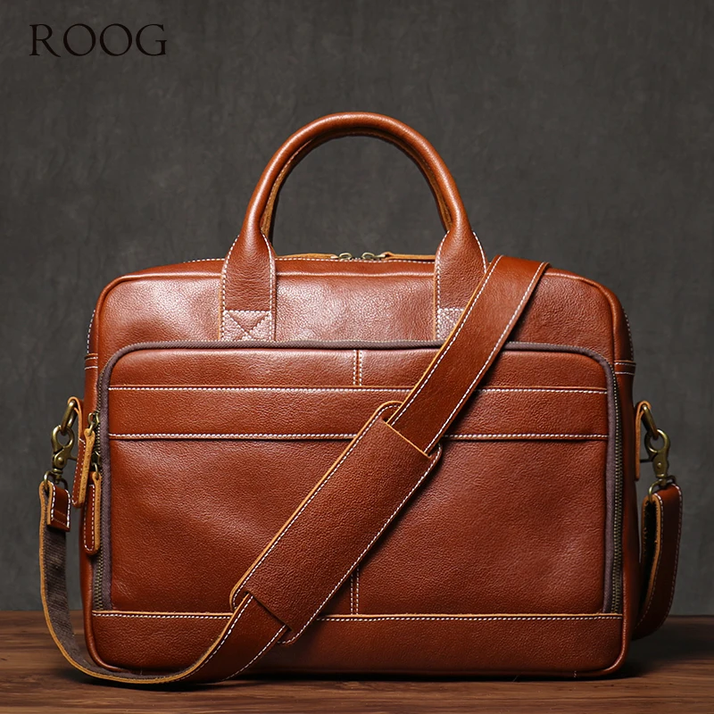 

ROOG Men's High Quality Handbag Vintage Genuine Leather Executive Briefcase Traveling Business Computer Bags For 16 Inch Laptop