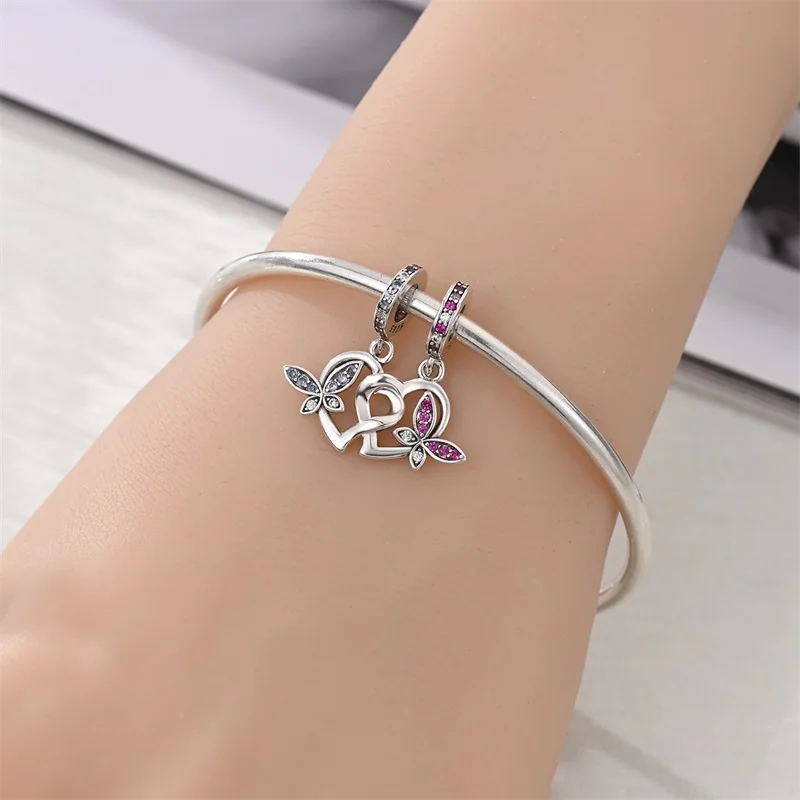 925 Sterling Silver Double Butterfly Couple Charms Pendant Fit Original Bracelet DIY Women Engagement Jewelry Gift