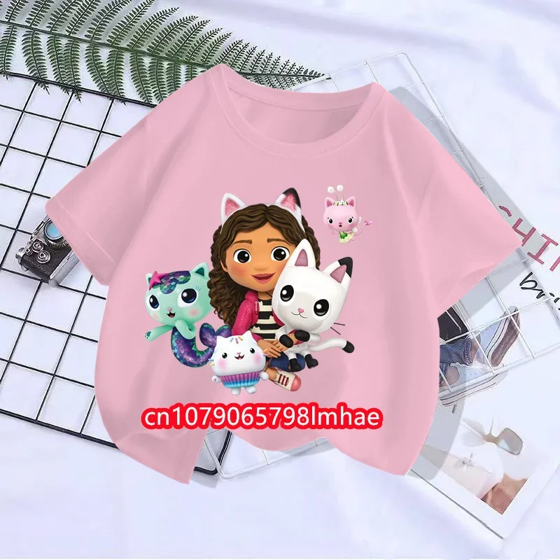 Cute Gabbys Doll House Cartoon T-shirts para crianças, tops de manga curta para bebês meninos e meninas, roupas engraçadas para crianças, verão, 2024