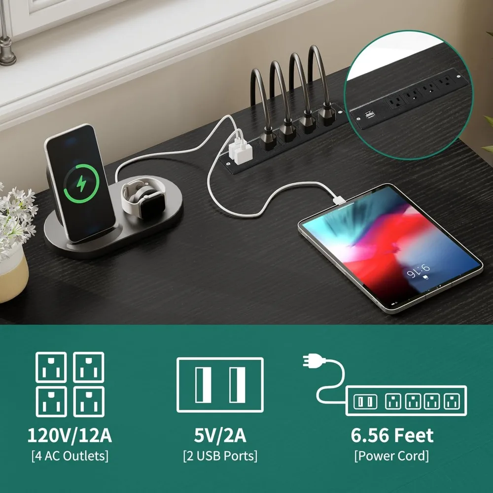 Mesa em forma de L com tomadas elétricas, mesa de canto para computador de 60 polegadas