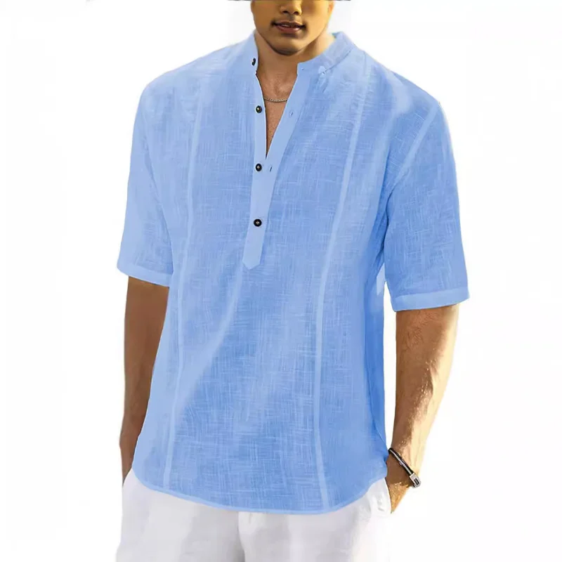 Men Linen Shirts Summer Casual Mid Sleeved Hawaiian Shirt Beach Clothing Fashion Youth Brand Blouse Tee Shirt Homme