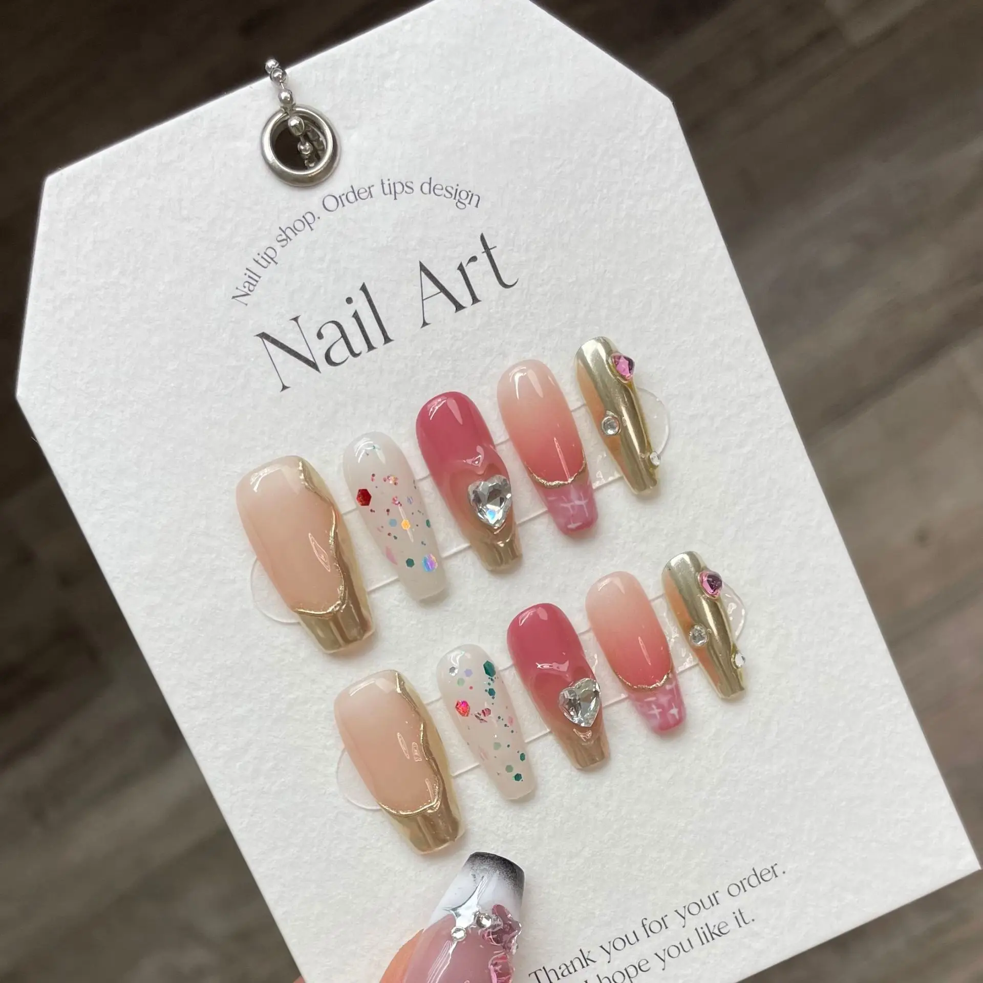 

10 PCS Luxury Handmade Press on Nails Middle Trapezoid Fermented Ebony Design with 4-PIECE Tool Adhesive Nail Glue Tabs