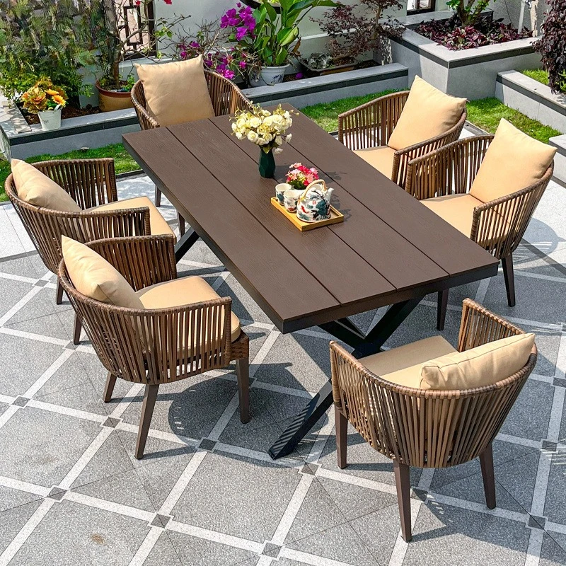 Garden leisure plastic wood tables and chairs outdoor villa terrace waterproof and sun-resistant simple dining table combination