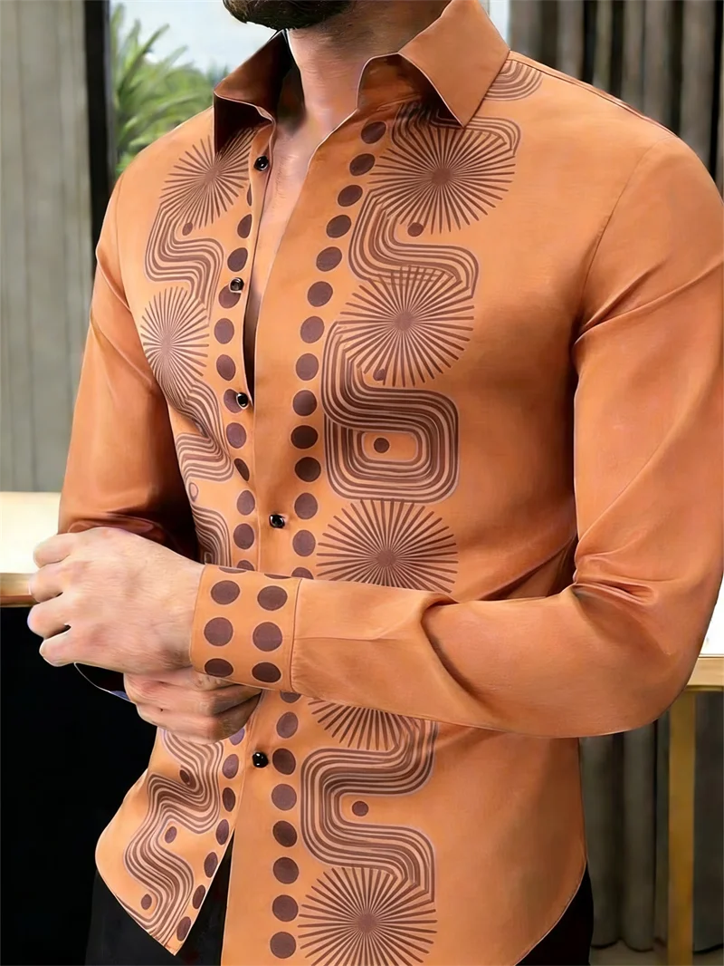 New purple white contrasting abstract geometric print men's long sleeved shirt, business casual slim fit shirt