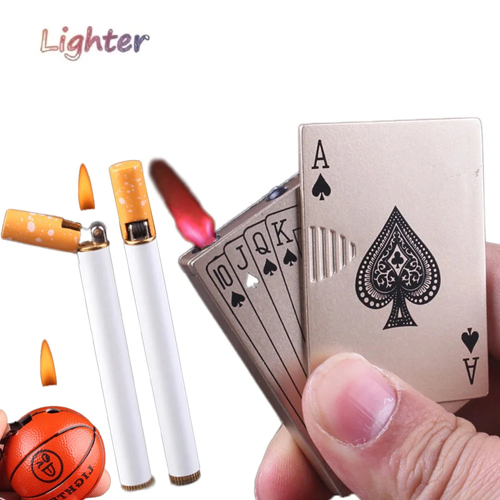 Creative Basketball Poker Shape Lighter Mini Metal Unusual Refillable Butane Gas Lighter Playing Card Lighters Cigarette Smoking