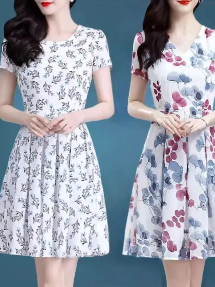 ladies-floral-print-short-sleeve-dress-elegant-midlife-women's-fashion-summer-collection-pin-collar-needle-brand-new-2024