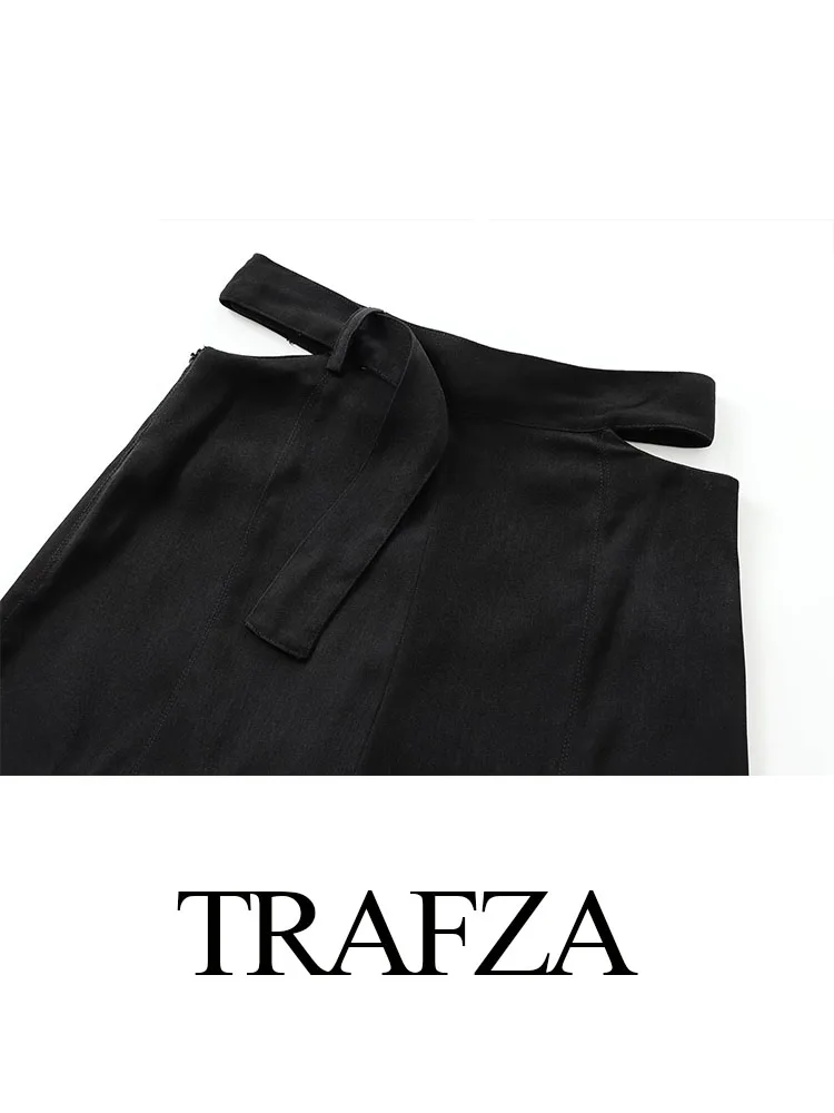 TRAFZA-Calça comprida reta casual feminina, design de cinto oco sólido, cintura alta elegante, calças soltas de zíper, outono