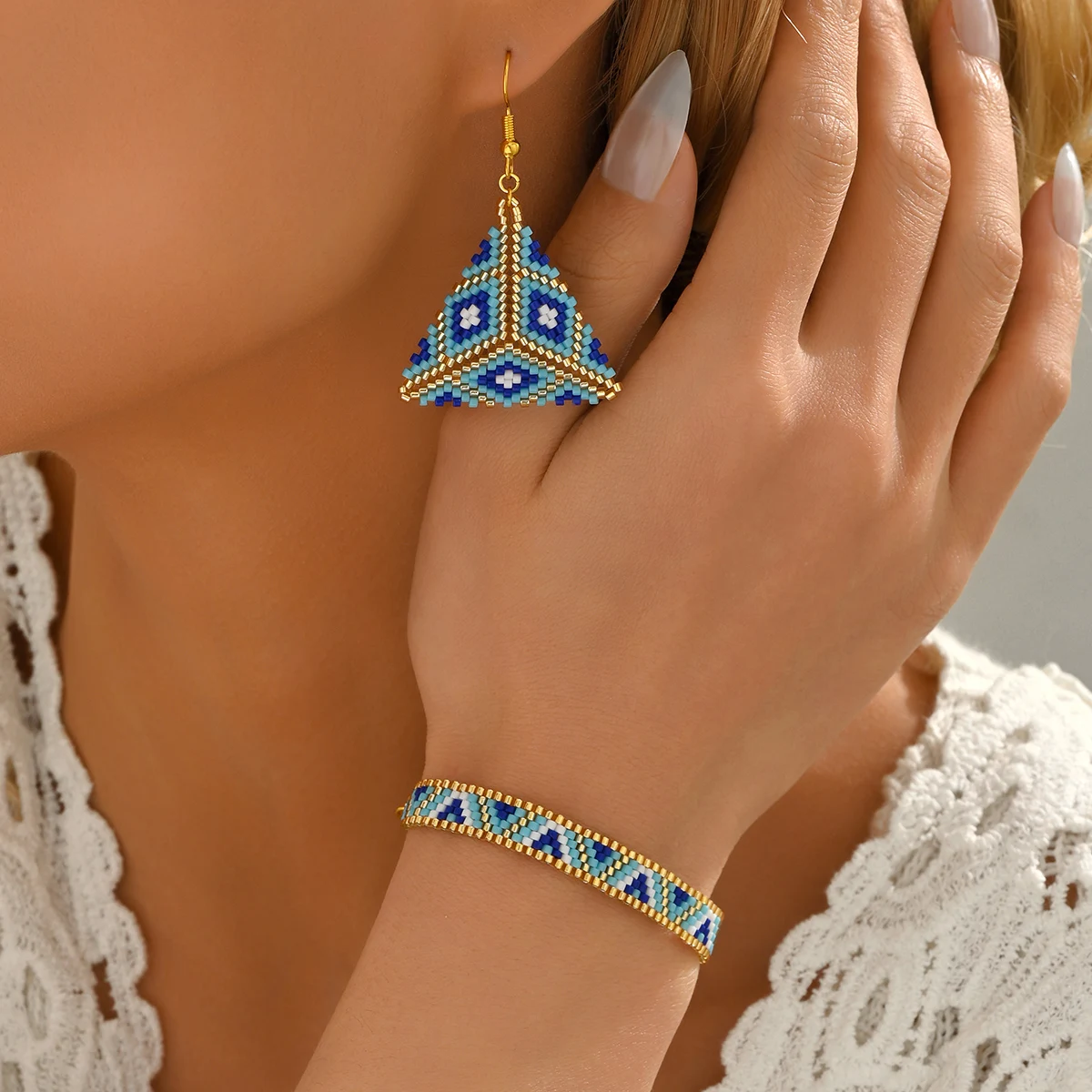 

Women's Boho Geometric Handmade Friendship Bracelet And Earring Set ZHONGVI Miyuki Fashion Jewelry Accessory Popular Gift