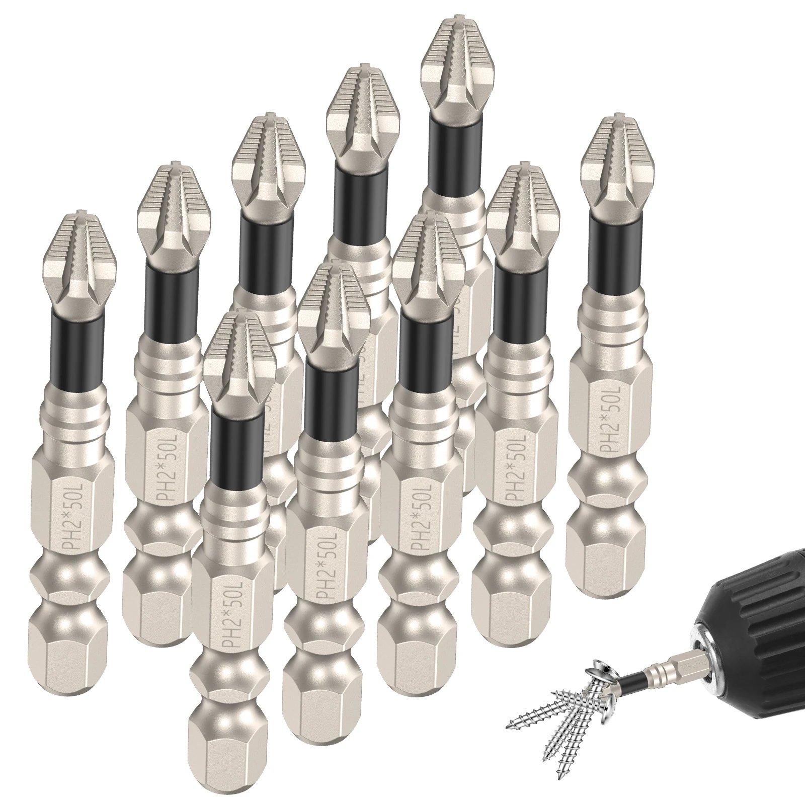 

10Pcs Impact Driver Cross Bit Set S2 Alloy Steel 1/4 Inch Hex Shank Magnetic Nonslip Screwdriver PH2 Bit for Screw Tight Space