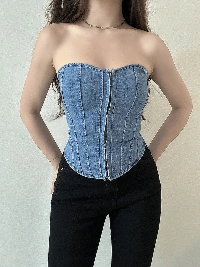 Denim Corset Women Top Y2K Button Up Strapless Street Style Wave Sexy Collar Fishbone Slim Stitch Strap Solid Color Denim Vest