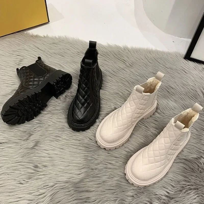 Shoes Woman Boots Non-Slip Boots Women Raise The Bottom Warm with Velvet Short Lattice Beige Black