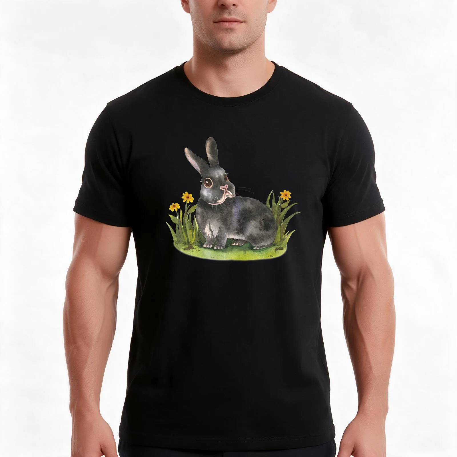 black netherland dwarf rabbit T-Shirt, Summer Casual Cotton Tee, Oversized Streetwear Tops, Vintage Graphic Print, 100% Cotton