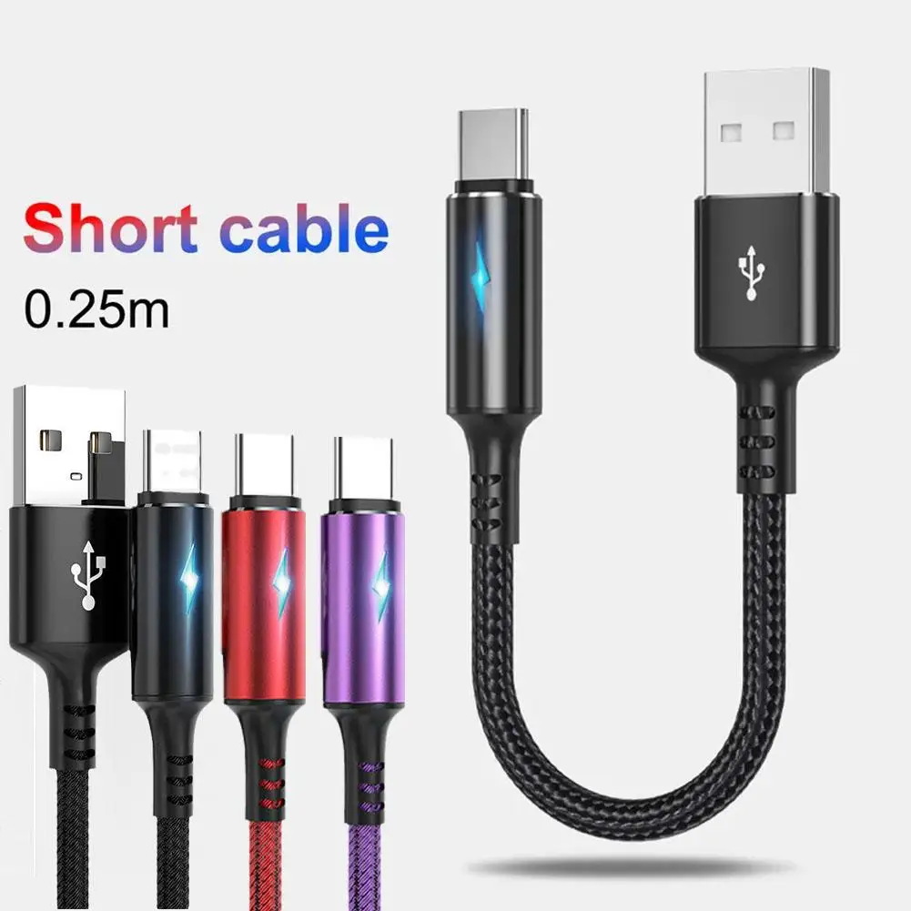 25cm Short Nylon Charger Data Cable Micro USB Type C Cables For IOS Android Phone 2.4A Fast Charging Power Bank Phone Cord J8P9