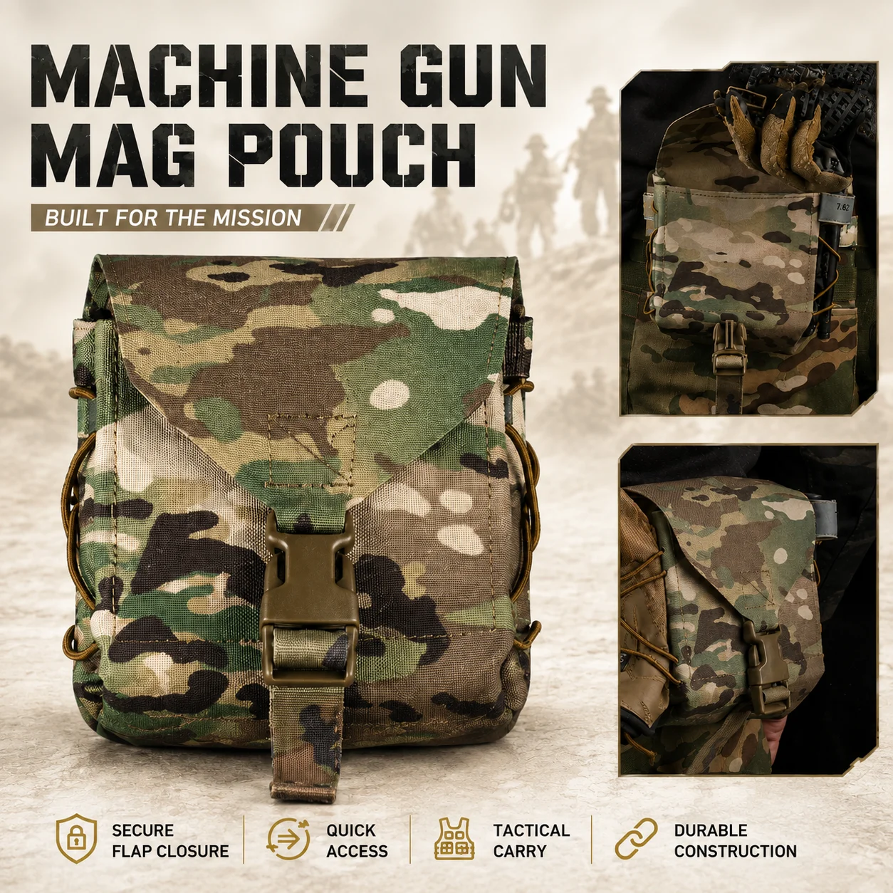 Tactical Machine Gun Mag Pouch Large Capacity MOLLE Utility Bag Quick Release Buckle Elastic Retention for Airsoft Hunting Gear