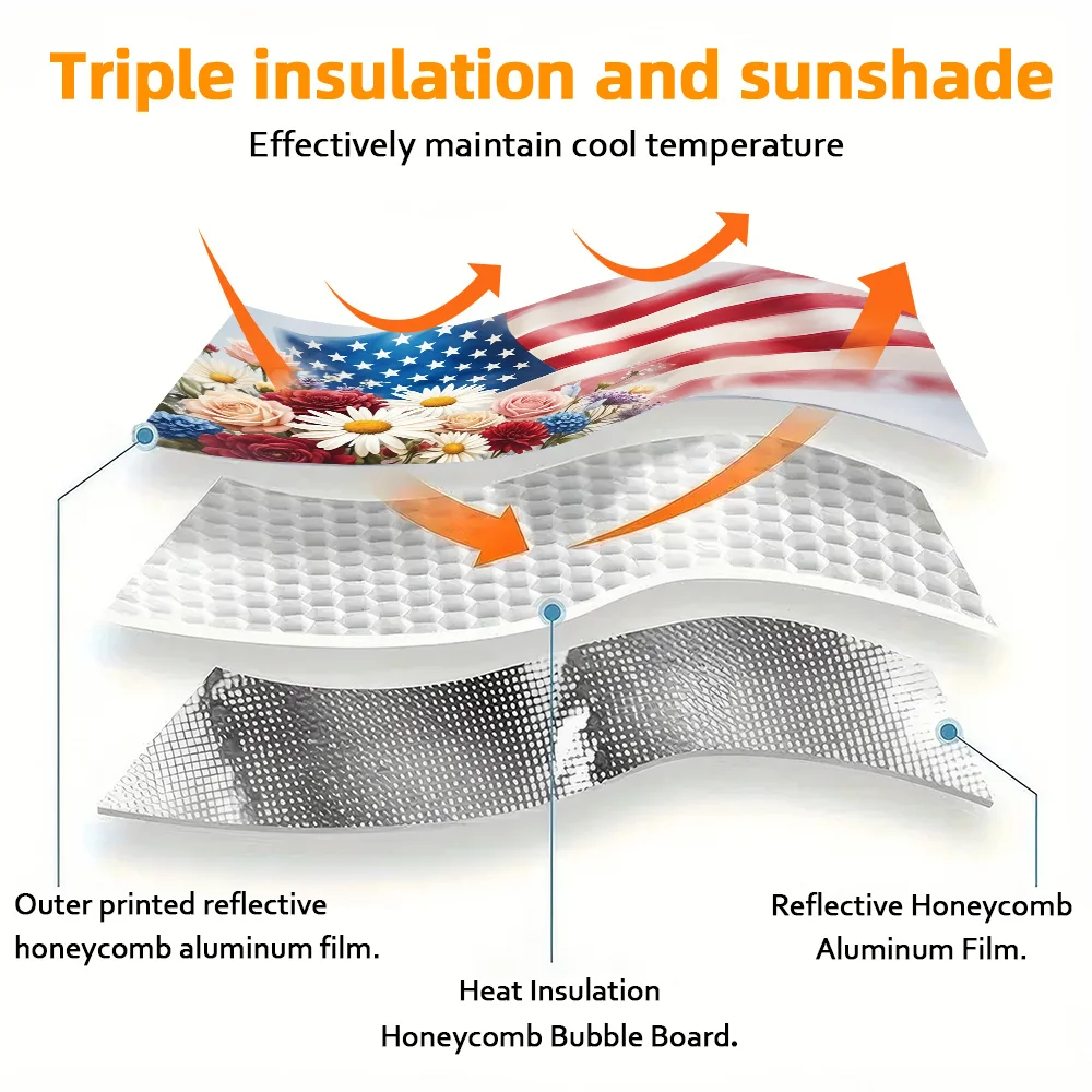 2D Flat Printed Car Sun Visor, Floral Decorated American Flag Car Sunshade, US Independence Day 250th Anniversary Car Sun Visor