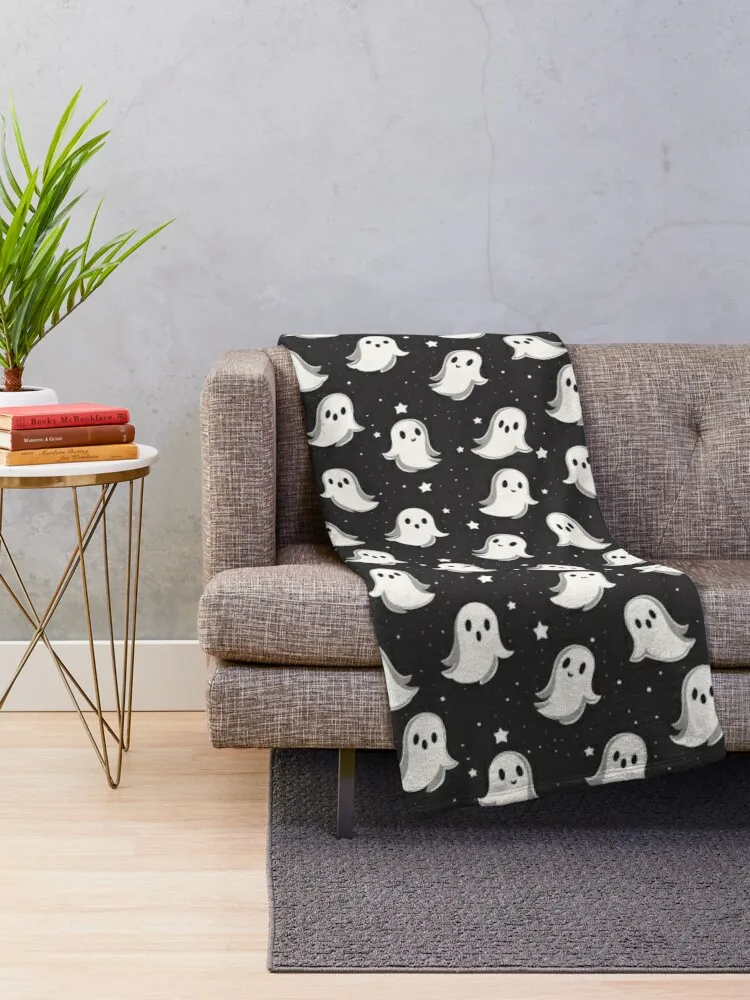 Seamless Pattern of Spooky Season: Cute Spooky Ghost Ink Drawing, Black Color, Simple Modern Design Throw Blanket