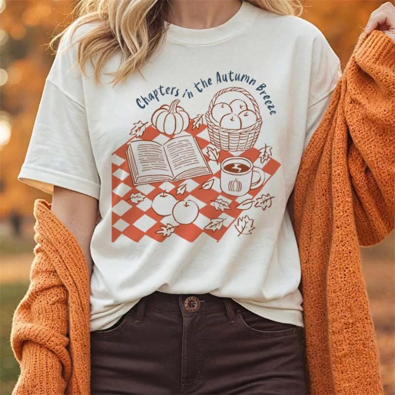 Cozy Autumn Chapter Women's Graphic T-Shirt Lost In a Window Cat Round Neck Short Sleeve Casual Fall Fashion Women's T-Shirt